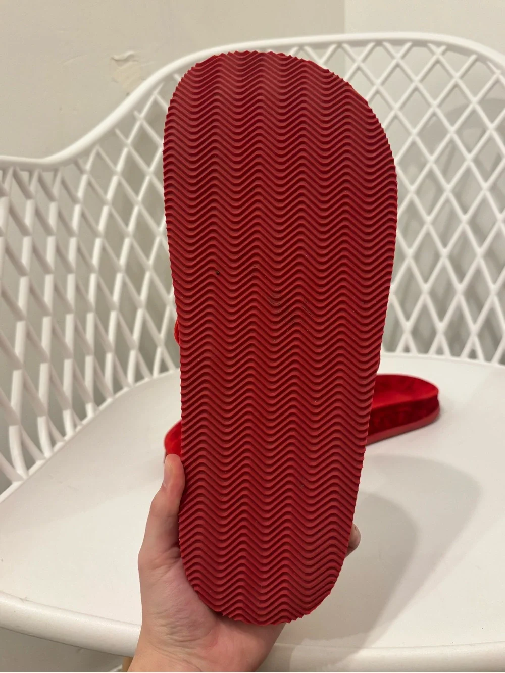 Adidas Mens's Red Plush Slide Slippers with White Stripes